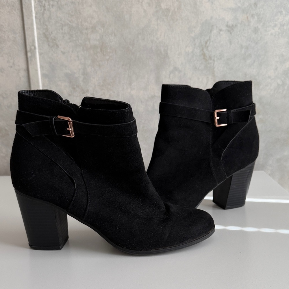 Black Suede Ankle Boots with Buckle Detail